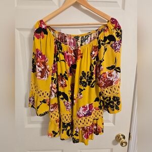 Unique Spectrum Off-Shoulder Top Mustard Yellow and Pink Floral Size 3X